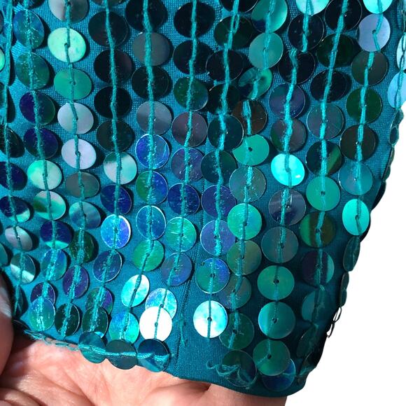 Vintage 90s Teal Sequin Mini Dress Concert Party Cocktail Sleeveless Mermaid - Picture 12 of 13